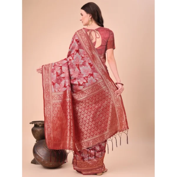 Women's Cotton Printed Saree With Unstitched Blouse 5.5Mtr (Red) - Image 3