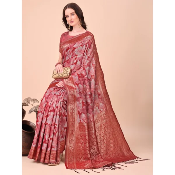 Women's Cotton Printed Saree With Unstitched Blouse 5.5Mtr (Red) - Image 2