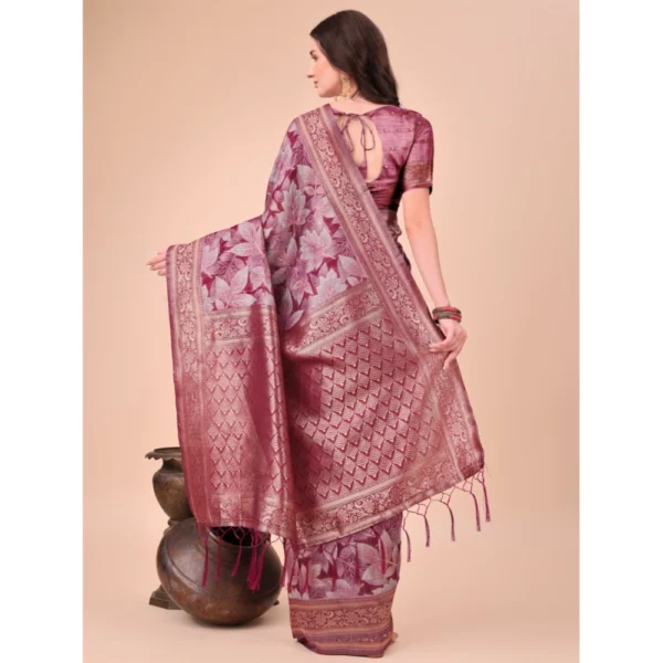 Women's Cotton Printed Saree With Unstitched Blouse 5.5Mtr (Magenta) - Image 3