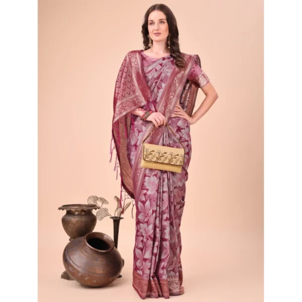 Women's Cotton Printed Saree With Unstitched Blouse 5.5Mtr (Magenta) - Image 2
