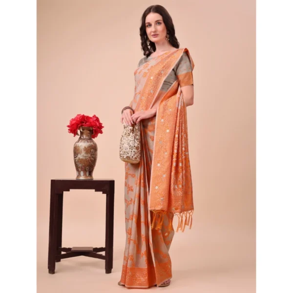 Women's Cotton Printed Saree With Unstitched Blouse 5.5Mtr (Orange) - Image 2