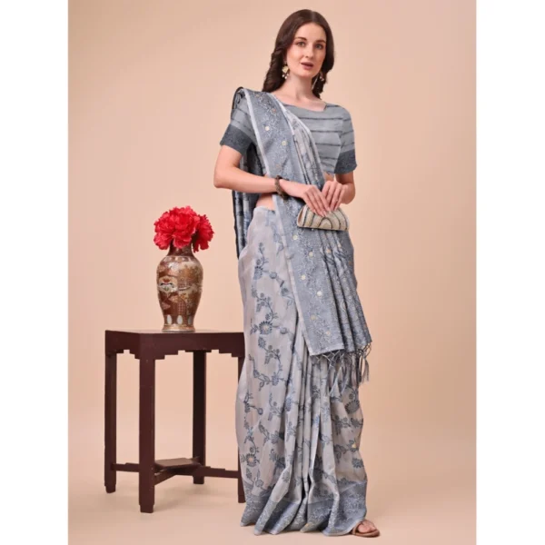 Women's Cotton Printed Saree With Unstitched Blouse 5.5Mtr (Grey) - Image 2