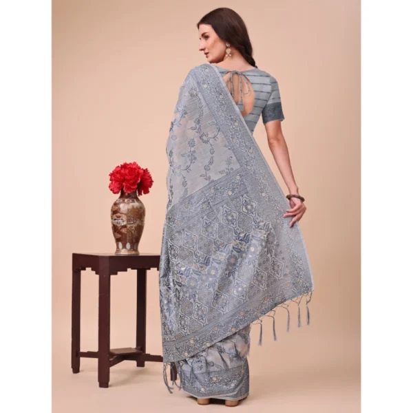 Women's Cotton Printed Saree With Unstitched Blouse 5.5Mtr (Grey) - Image 3
