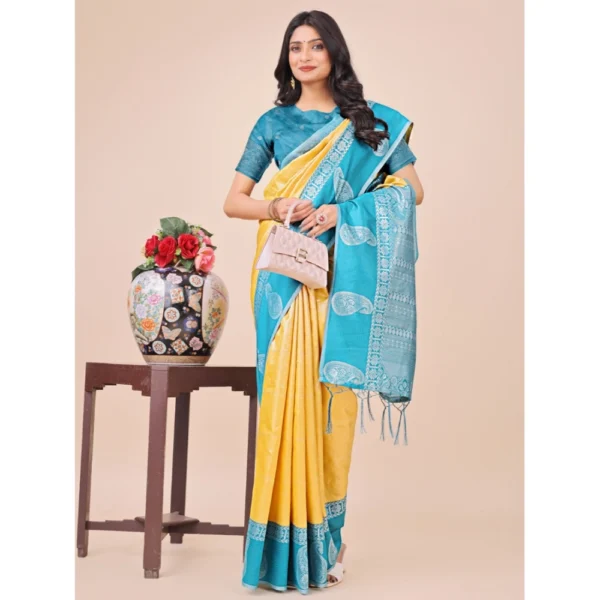 Women's Lichi Silk Printed Saree With Unstitched Blouse 5.5Mtr (Yellow) - Image 2
