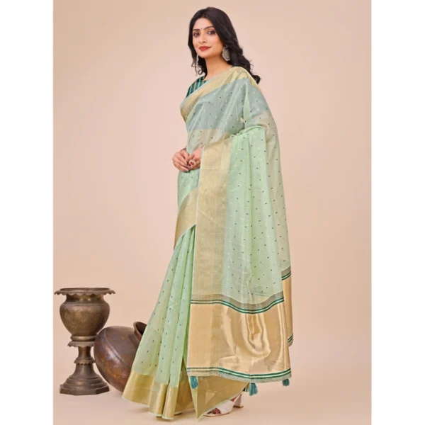 Women's Organza Printed Saree With Unstitched Blouse 5.5Mtr (Olive Green) - Image 3