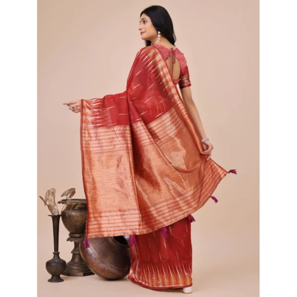 Women's Linen Cotton Printed Saree With Unstitched Blouse 5.5Mtr (Red) - Image 3