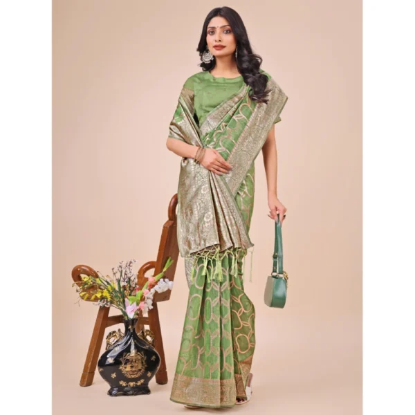 Women's Linen Cotton Printed Saree With Unstitched Blouse 5.5Mtr (Green) - Image 2