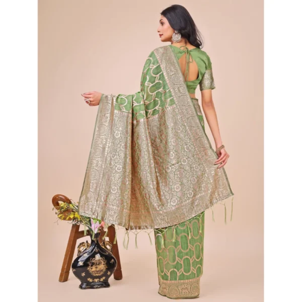 Women's Linen Cotton Printed Saree With Unstitched Blouse 5.5Mtr (Green) - Image 3