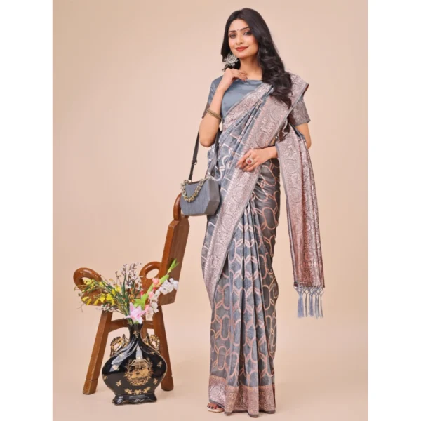 Women's Linen Cotton Printed Saree With Unstitched Blouse 5.5Mtr (Grey) - Image 2