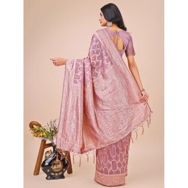 Women's Linen Cotton Printed Saree With Unstitched Blouse 5.5Mtr (Purple) - Image 3