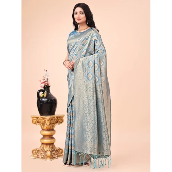 Women's Cotton Printed Saree With Unstitched Blouse 5.5Mtr (Sky Blue) - Image 2