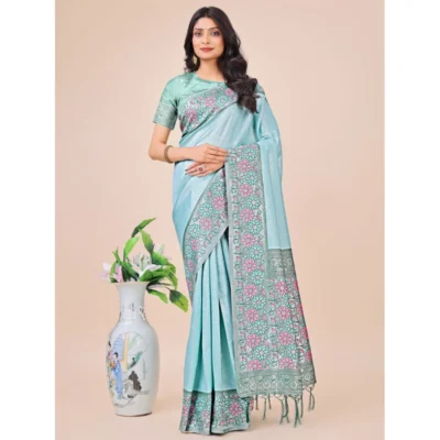Generic Women's Lichi Silk Printed Saree With Unstitched Blouse 5.5Mtr (Teal)