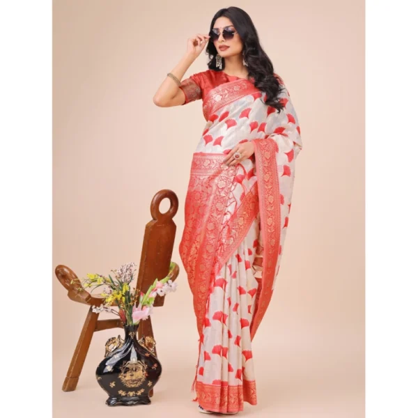 Women's Linen Cotton Printed Saree With Unstitched Blouse 5.5Mtr (Red) - Image 2