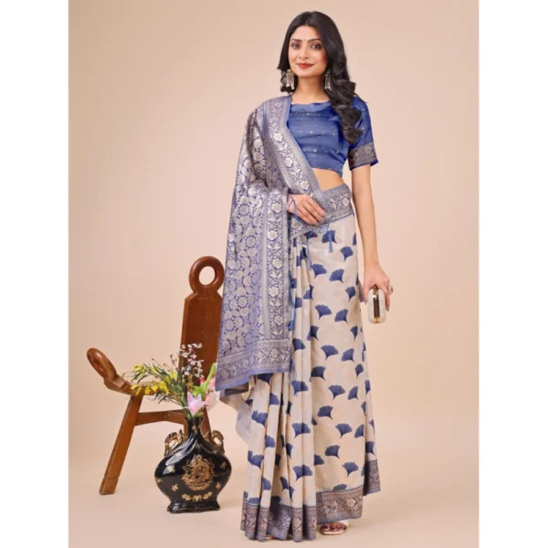 Women's Linen Cotton Printed Saree With Unstitched Blouse 5.5Mtr (Blue) - Image 2