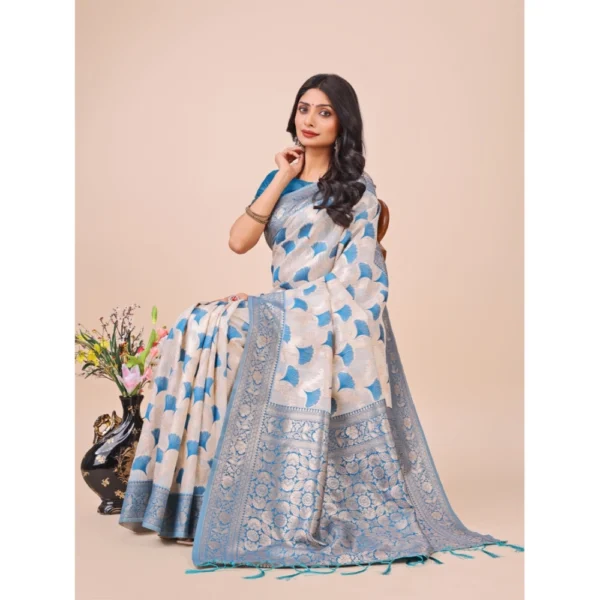 Women's Linen Cotton Printed Saree With Unstitched Blouse 5.5Mtr (Sky Blue) - Image 2