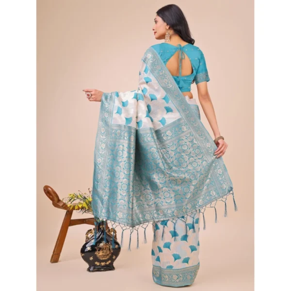 Women's Linen Cotton Printed Saree With Unstitched Blouse 5.5Mtr (Teal) - Image 3