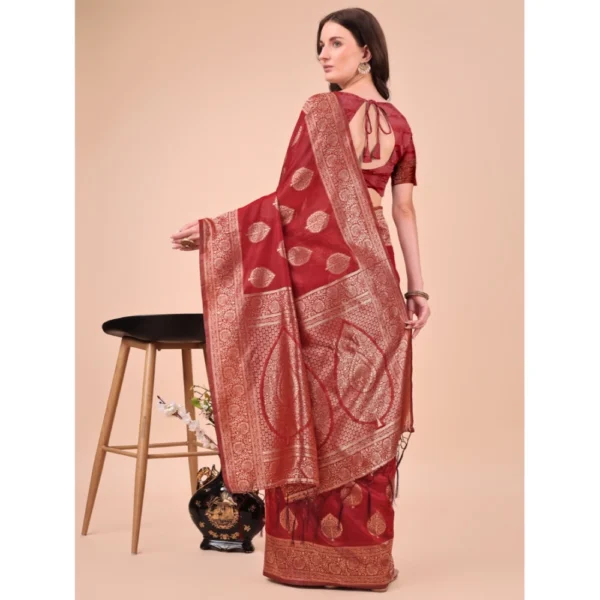 Women's Cotton Printed Saree With Unstitched Blouse 5.5Mtr (Maroon) - Image 3