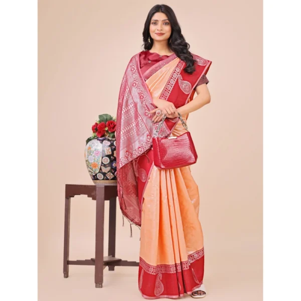 Women's Lichi Silk Printed Saree With Unstitched Blouse 5.5Mtr (Peach) - Image 2