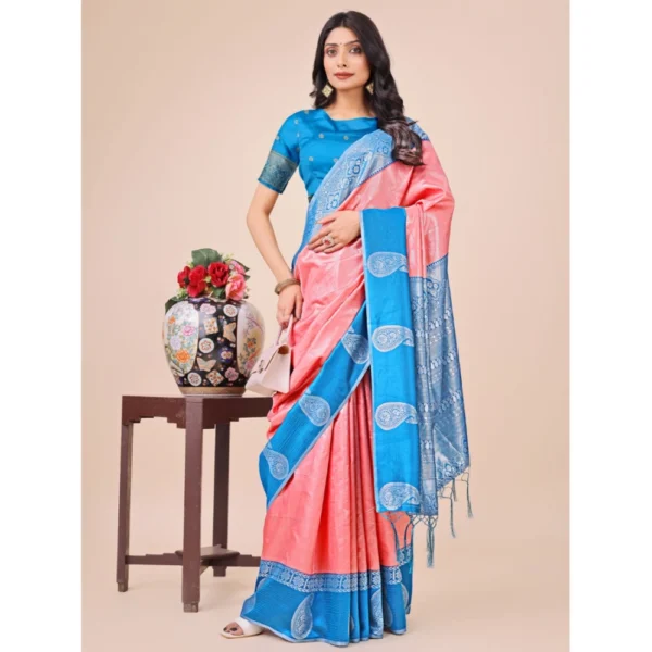 Women's Lichi Silk Printed Saree With Unstitched Blouse 5.5Mtr (Peach) - Image 2