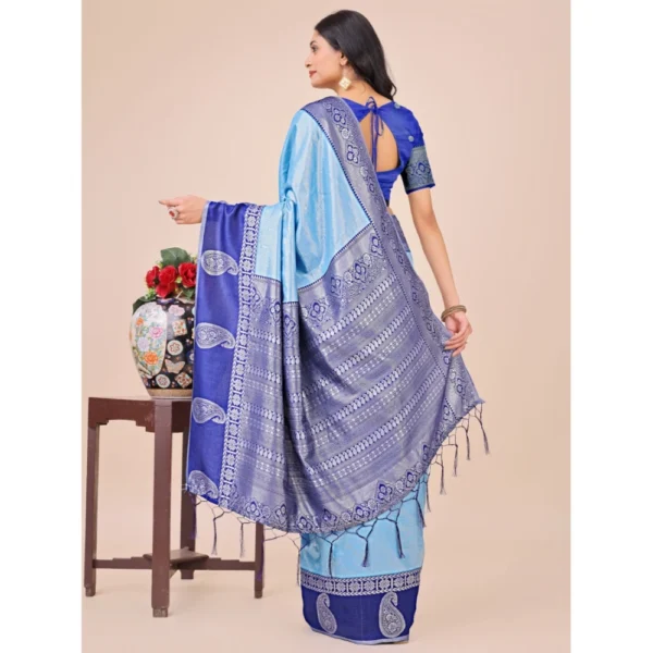 Women's Lichi Silk Printed Saree With Unstitched Blouse 5.5Mtr (Sky Blue) - Image 3