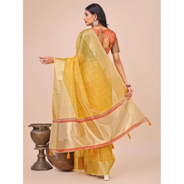 Women's Organza Printed Saree With Unstitched Blouse 5.5Mtr (Yellow) - Image 3