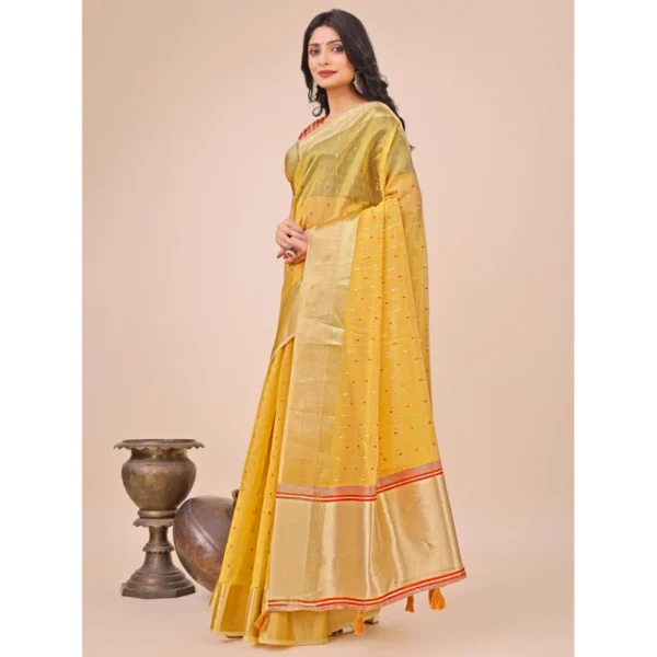Women's Organza Printed Saree With Unstitched Blouse 5.5Mtr (Yellow) - Image 2
