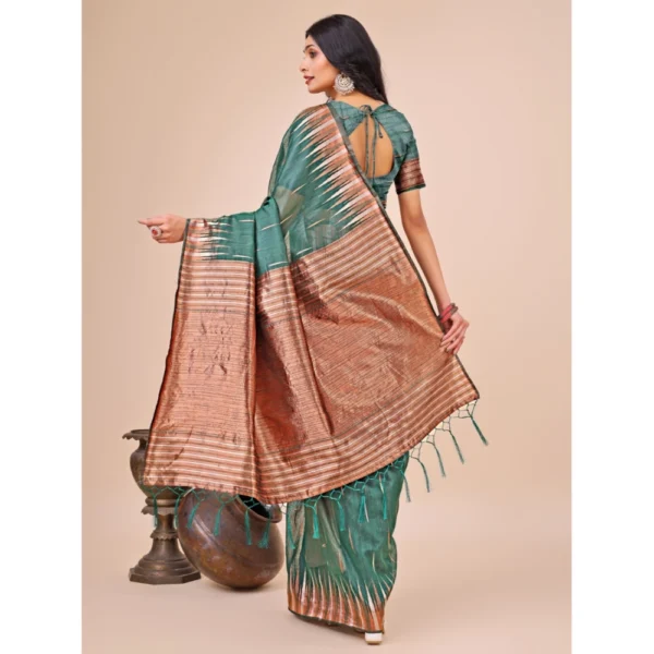 Women's Linen Cotton Printed Saree With Unstitched Blouse 5.5Mtr (Green) - Image 3