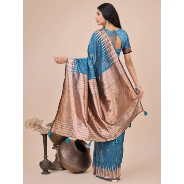Women's Linen Cotton Printed Saree With Unstitched Blouse 5.5Mtr (Blue) - Image 3