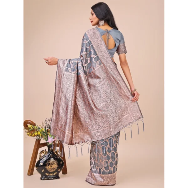 Women's Linen Cotton Printed Saree With Unstitched Blouse 5.5Mtr (Grey) - Image 3