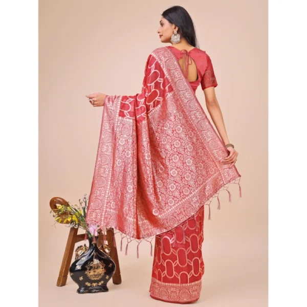 Women's Linen Cotton Printed Saree With Unstitched Blouse 5.5Mtr (Red) - Image 3