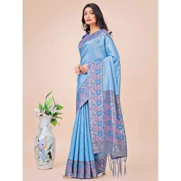 Women's Lichi Silk Printed Saree With Unstitched Blouse 5.5Mtr (Sky Blue) - Image 2