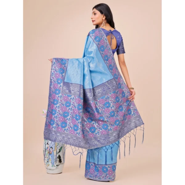 Women's Lichi Silk Printed Saree With Unstitched Blouse 5.5Mtr (Sky Blue) - Image 3