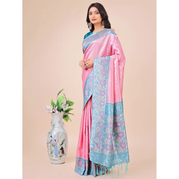 Women's Lichi Silk Printed Saree With Unstitched Blouse 5.5Mtr (Pink) - Image 2