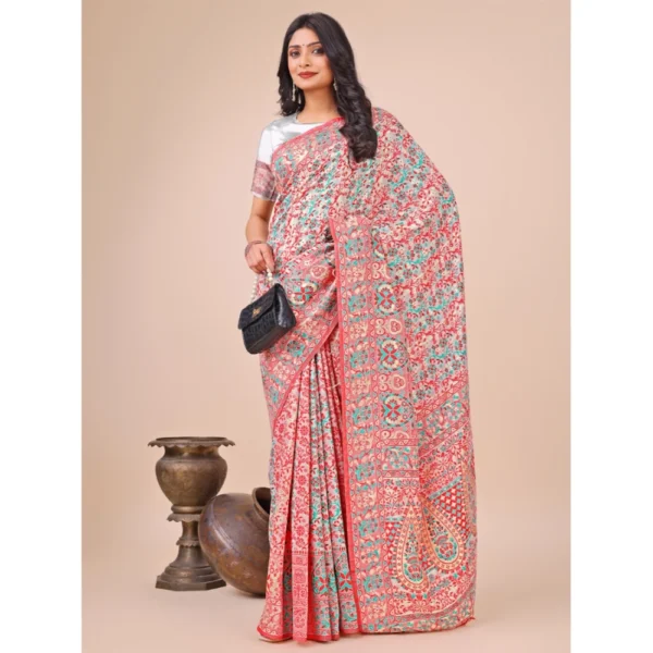 Women's Cotton Printed Saree With Unstitched Blouse 5.5Mtr (White) - Image 2