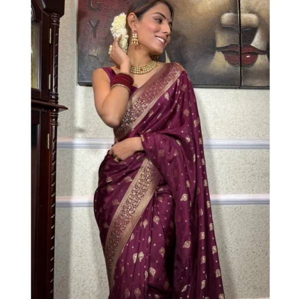 Women's Silk Printed Saree With Unstitched Blouse 5.5Mtr (Wine) - Image 3