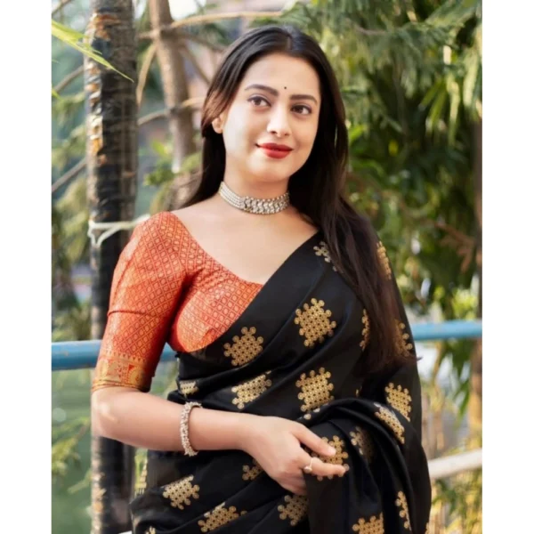 Women's Silk Printed Saree With Unstitched Blouse 5.5Mtr (Blacl-Orange) - Image 3