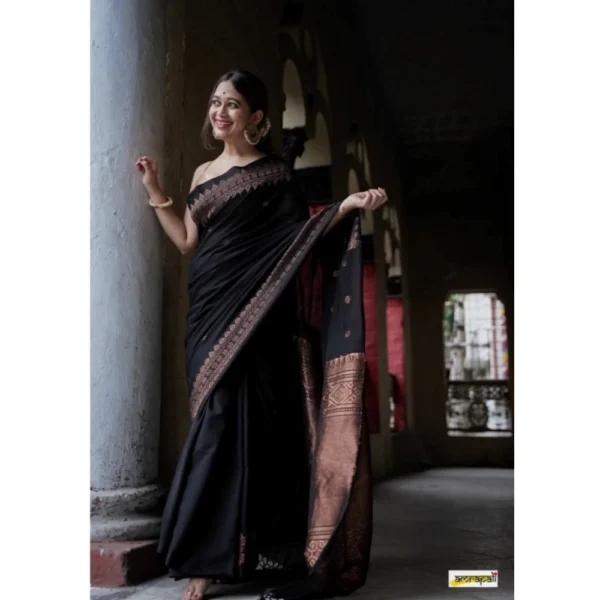 Women's Silk Printed Saree With Unstitched Blouse 5.5Mtr (Black) - Image 2