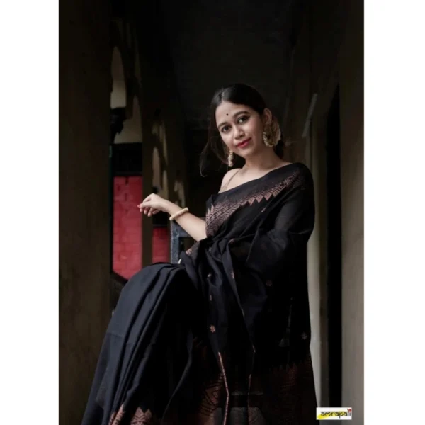 Women's Silk Printed Saree With Unstitched Blouse 5.5Mtr (Black) - Image 3