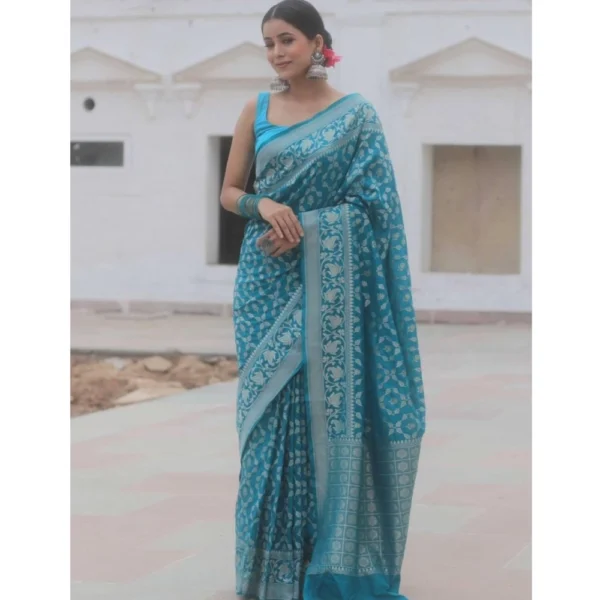 Women's Silk Printed Saree With Unstitched Blouse 5.5Mtr (Sky Blue) - Image 2