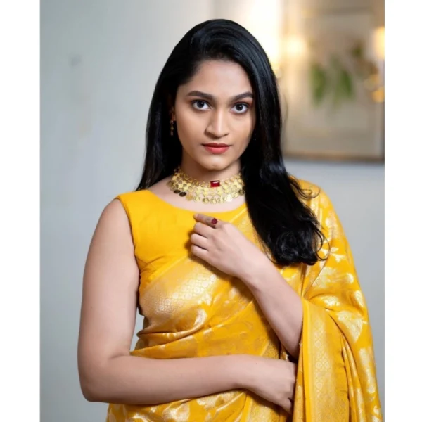 Women's Silk Printed Saree With Unstitched Blouse 5.5Mtr (Yellow) - Image 3