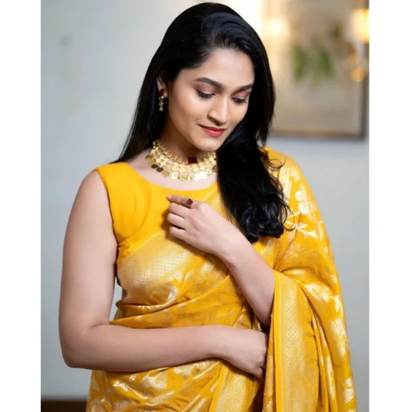 Women's Silk Printed Saree With Unstitched Blouse 5.5Mtr (Yellow) - Image 2