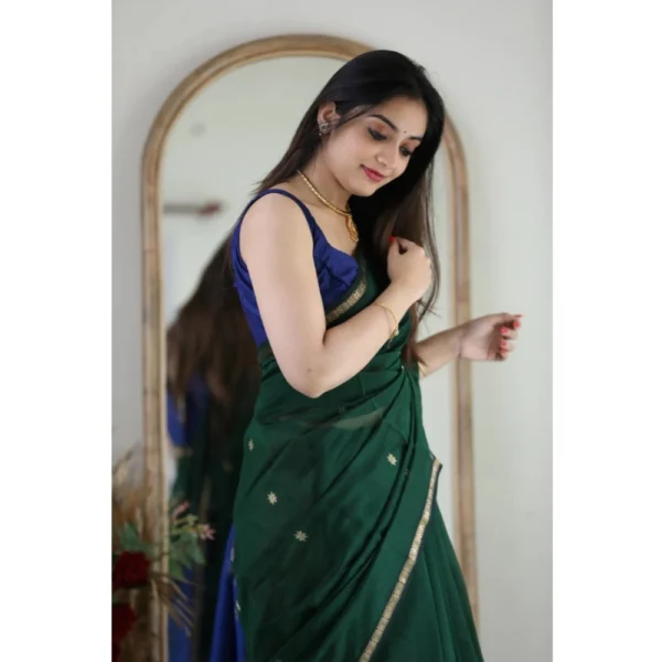 Women's Cotton  Printed Saree With Unstitched Blouse 5.5Mtr (Green) - Image 2