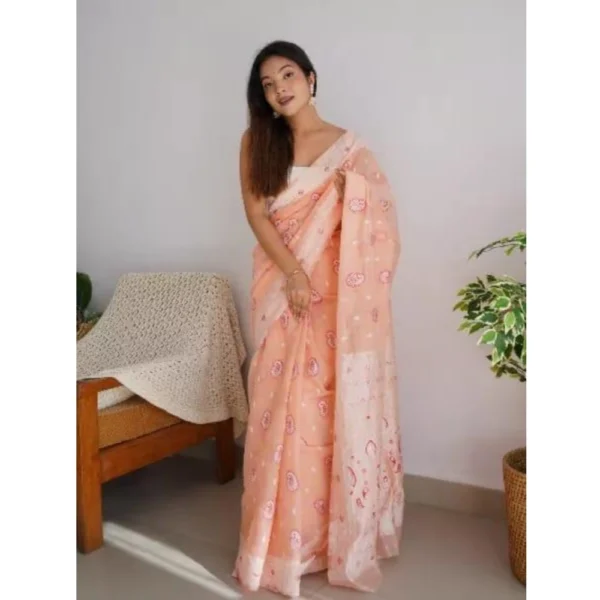 Women's Cotton  Printed Saree With Unstitched Blouse 5.5Mtr (Peach) - Image 2