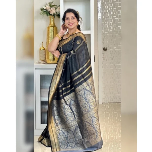 Women's Silk Printed Saree With Unstitched Blouse 5.5Mtr (Black) - Image 3