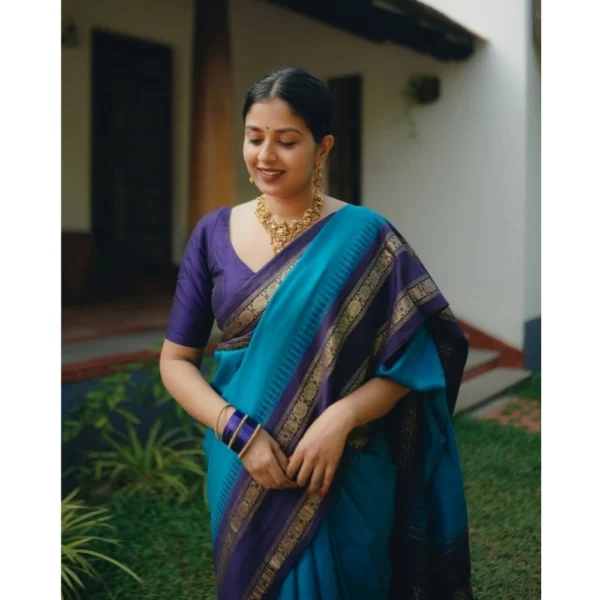 Women's Silk Printed Saree With Unstitched Blouse 5.5Mtr (Blue) - Image 3