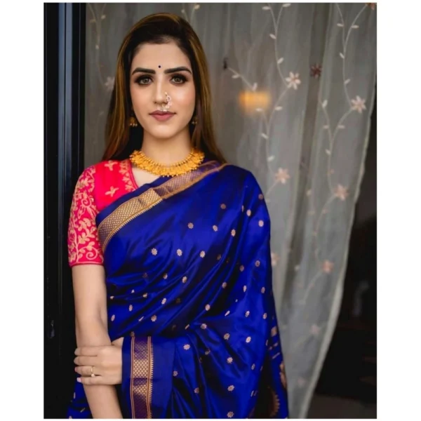 Women's Silk Printed Saree With Unstitched Blouse 5.5Mtr (Blue) - Image 3