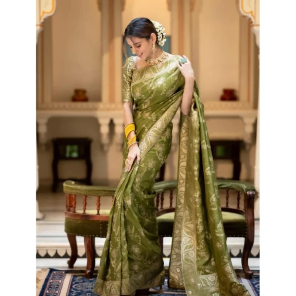 Women's Silk Printed Saree With Unstitched Blouse 5.5Mtr (Olive Green) - Image 2