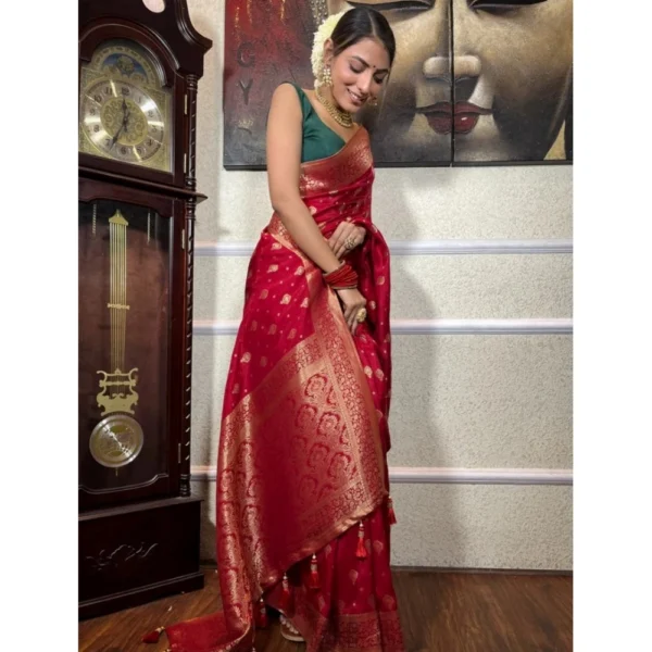 Women's Silk Printed Saree With Unstitched Blouse 5.5Mtr (Red) - Image 2