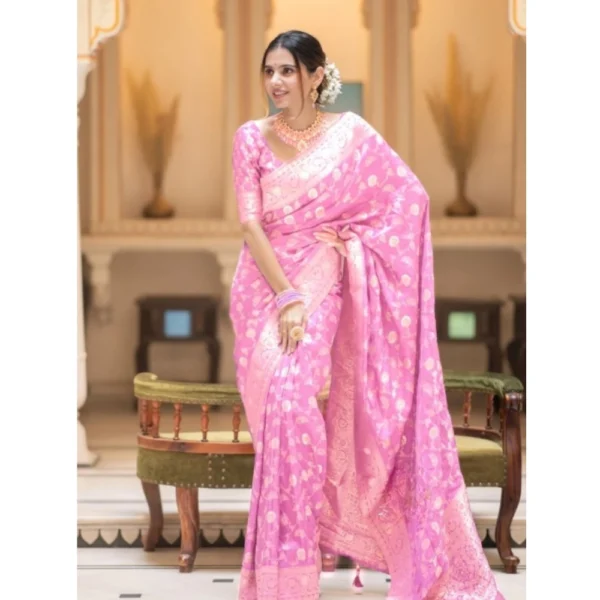 Women's Silk Printed Saree With Unstitched Blouse 5.5Mtr (Pink) - Image 2