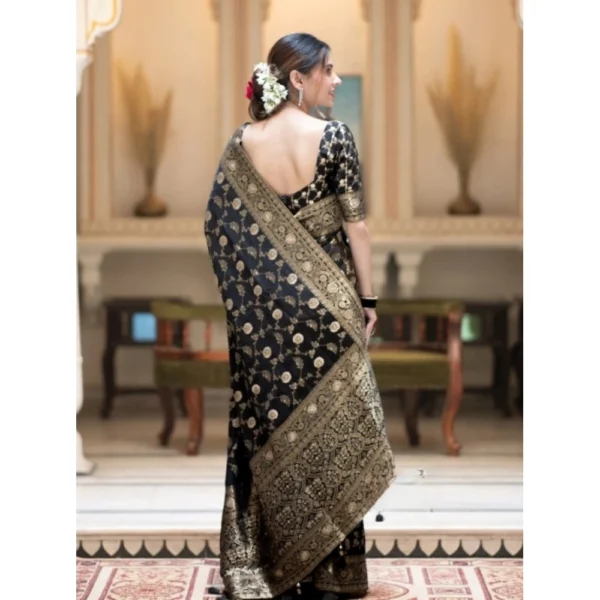 Women's Silk Printed Saree With Unstitched Blouse 5.5Mtr (Black) - Image 2